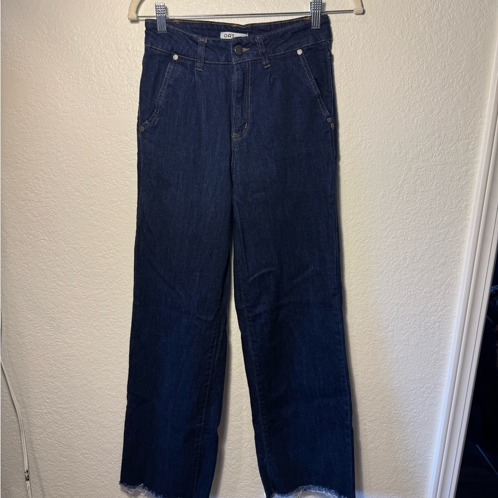 OAT New York Dark Wash High Waist Wide Leg Cropped Jeans Raw Hems Size 26